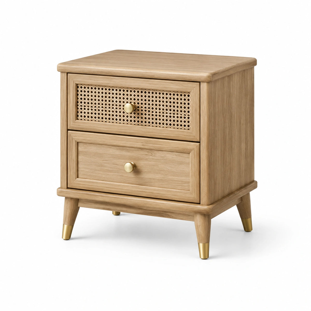 Comodino in legno a 2 cassetti con dettagli in rattan