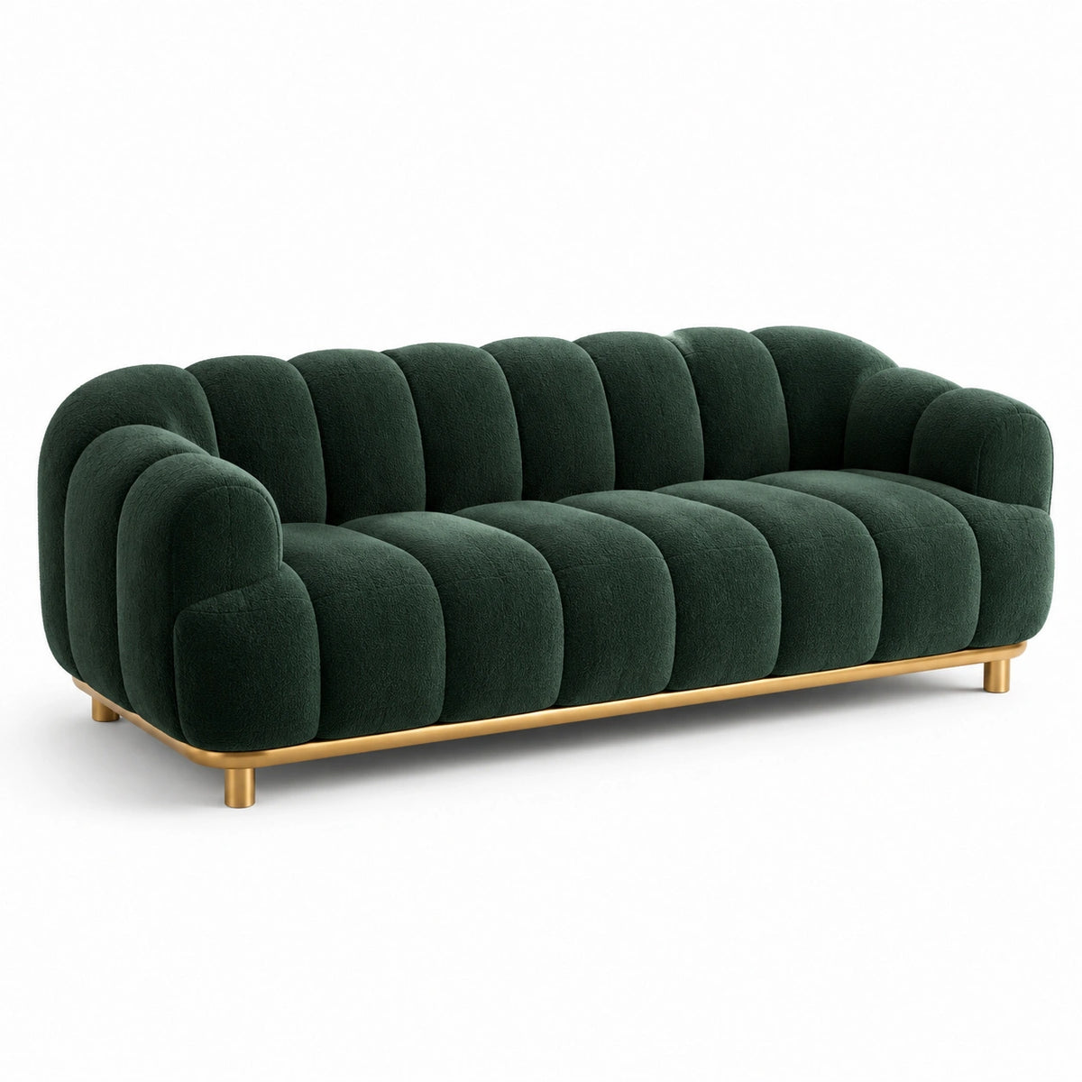 Divano in velluto verde scuro con base in metallo