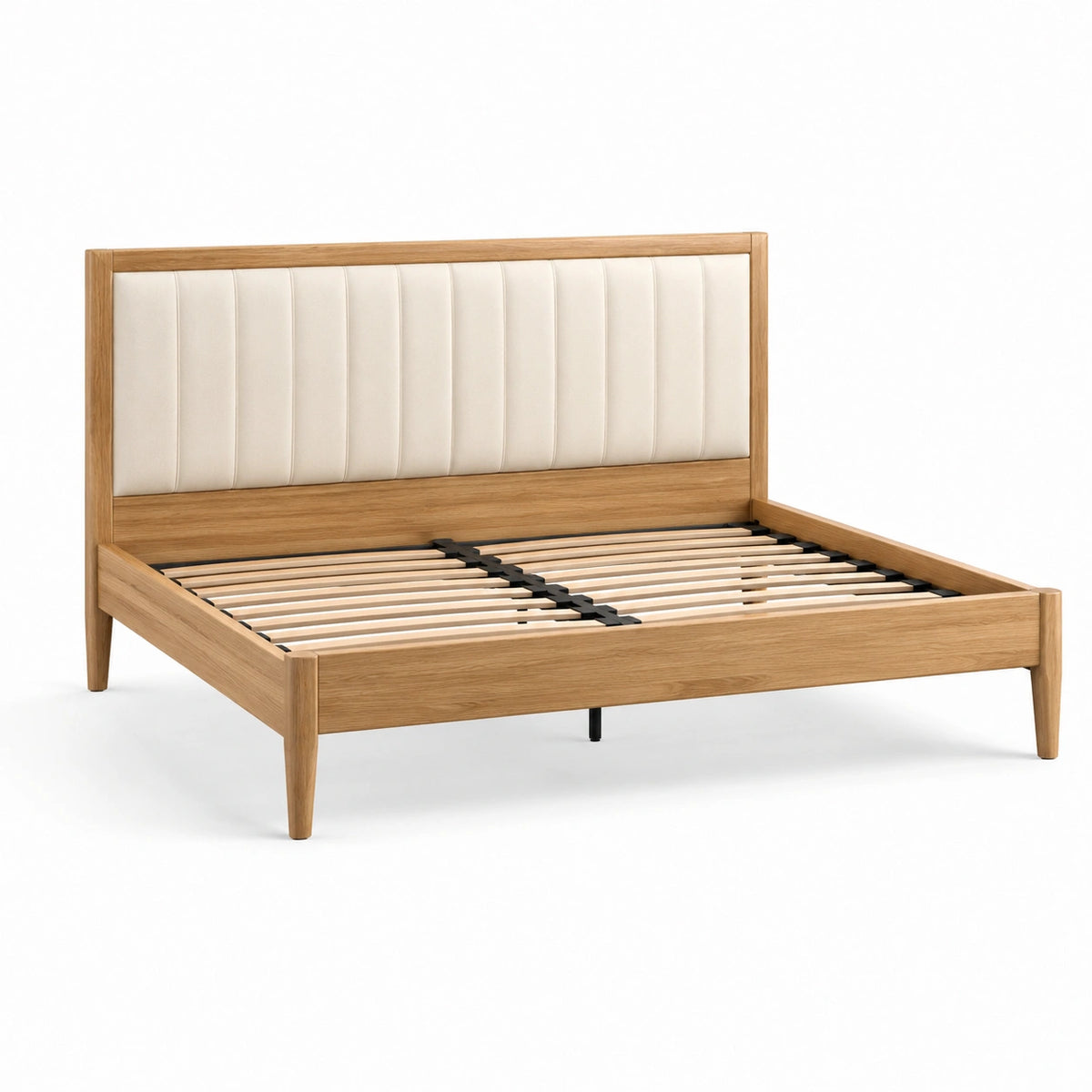 Letto matrimoniale in legno rovere con testiera in tessuto crema 200x160 cm