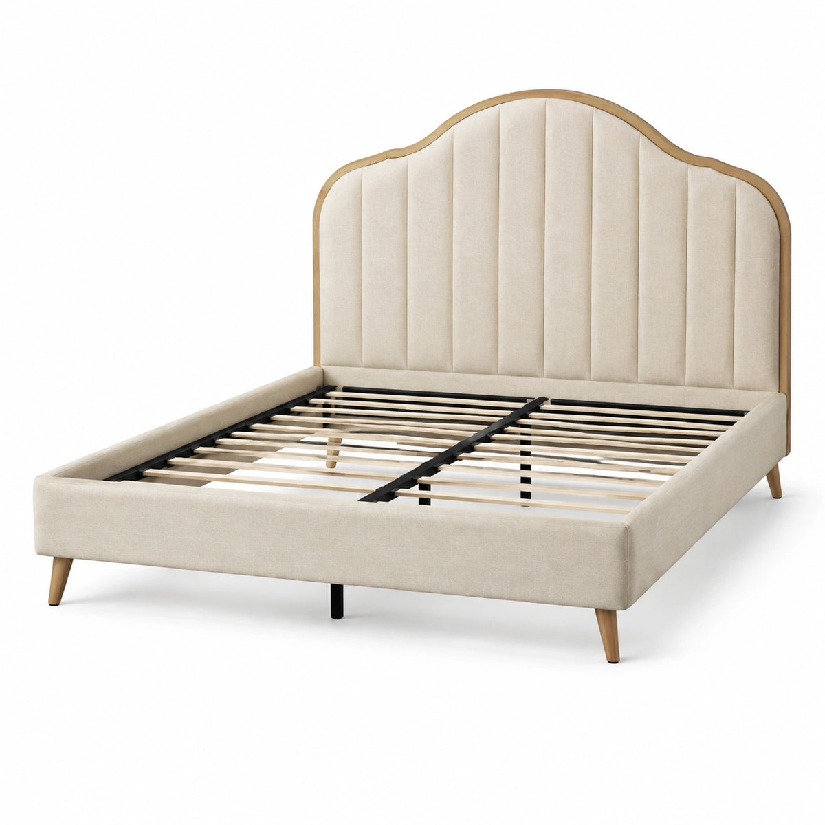 Letto matrimoniale in legno e tessuto beige con testiera curva 200x160 cm