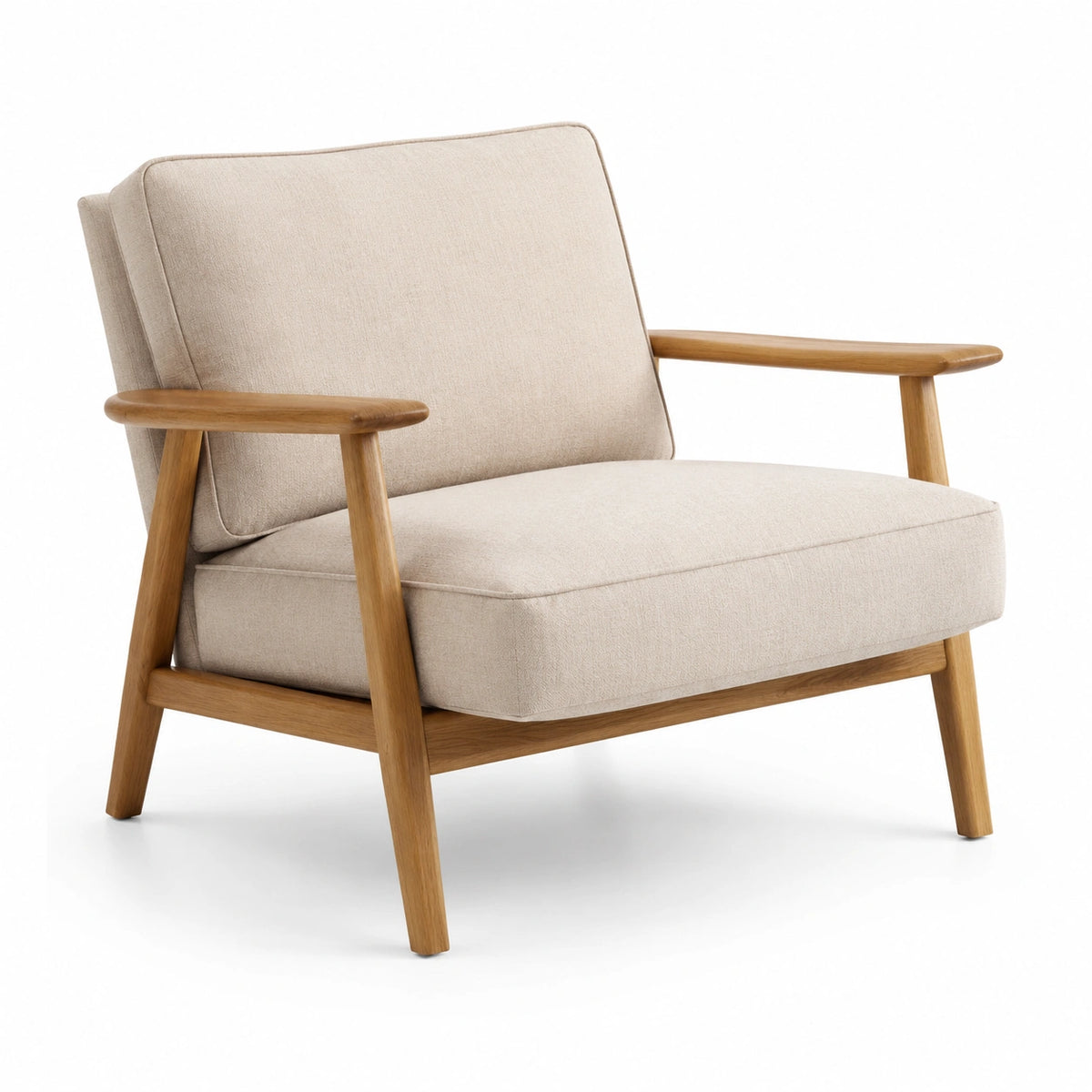 Poltrona in tessuto di lino beige e legno massello