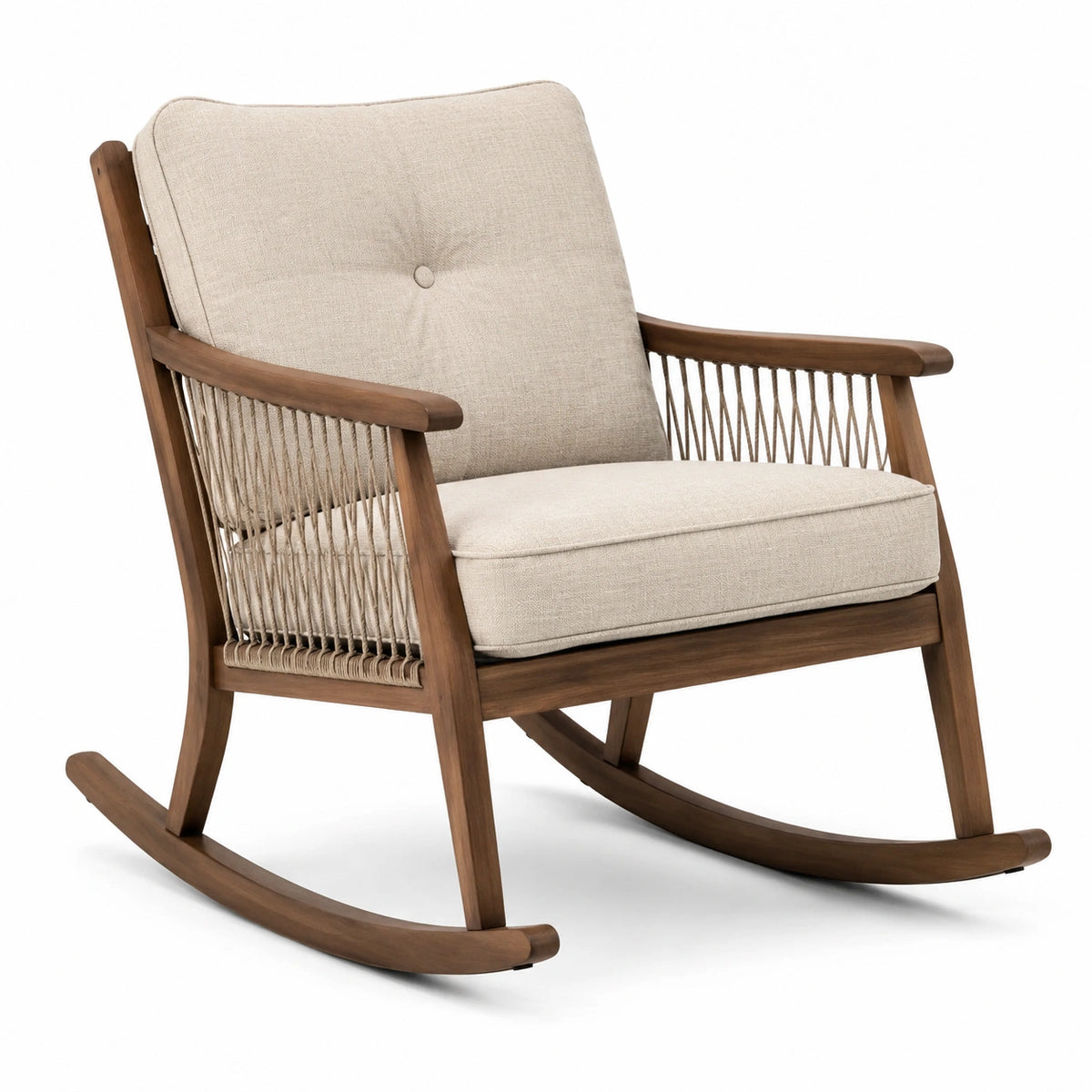Sedia a dondolo in legno con cuscini in tessuto beige