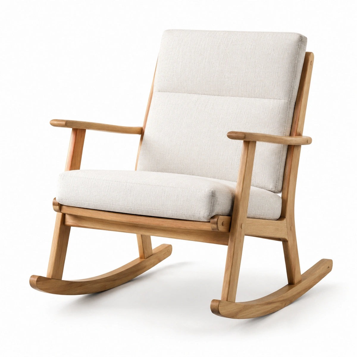 Sedia a Dondolo in Legno con Rivestimento in Lino Beige
