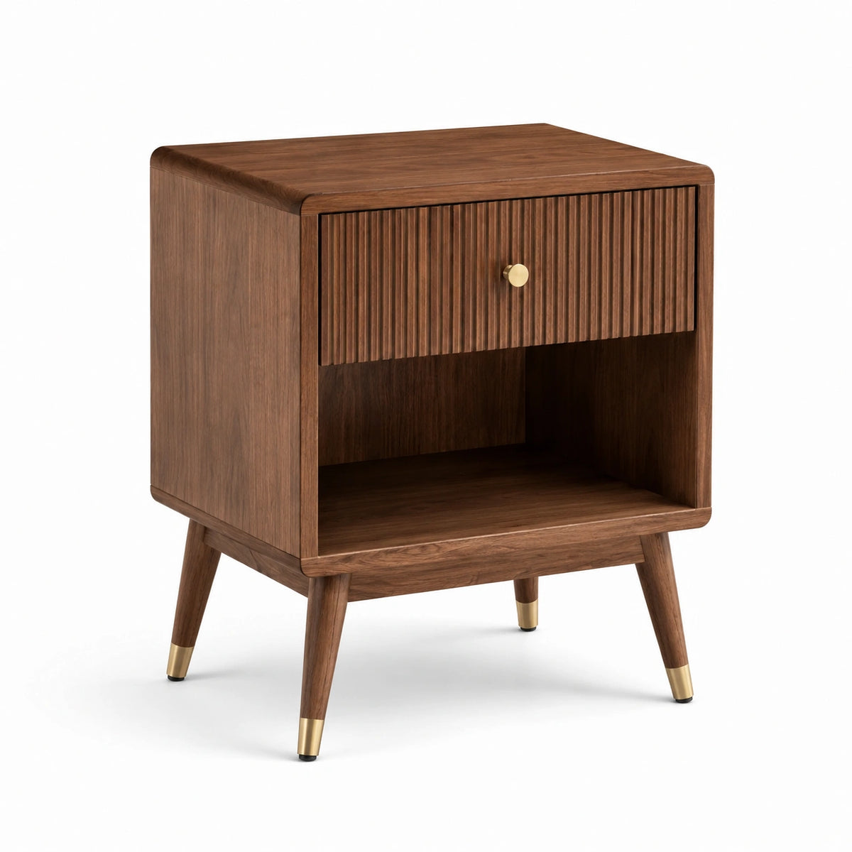 Comodino in Legno con Cassetto e Ripiano Aperto Noce