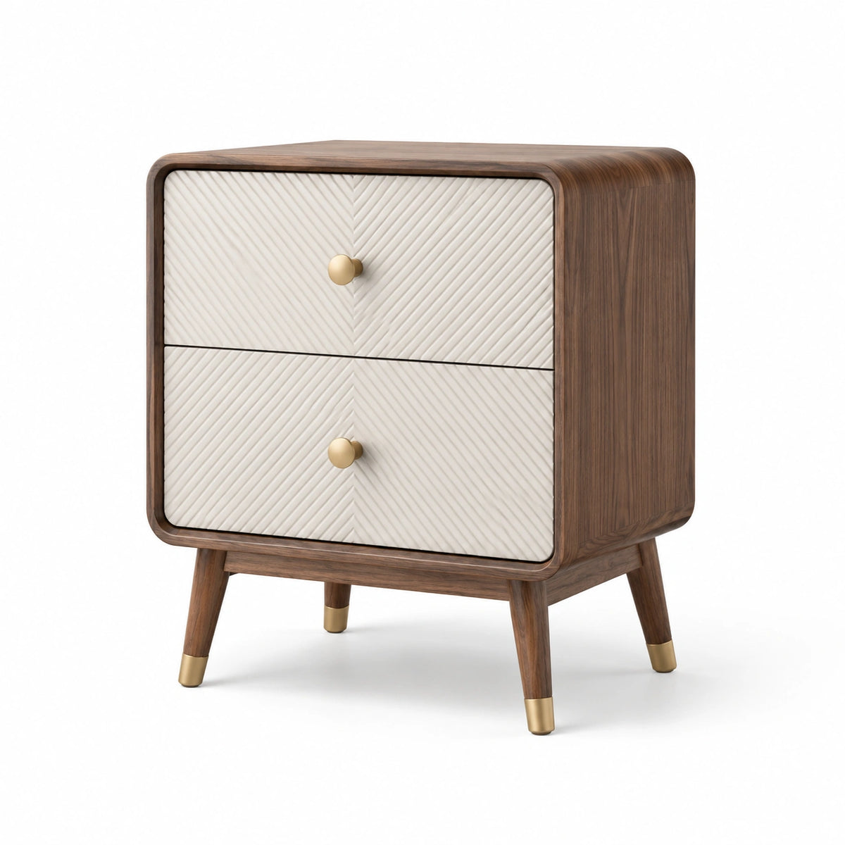 Comodino in legno di noce e MDF con rivestimento beige