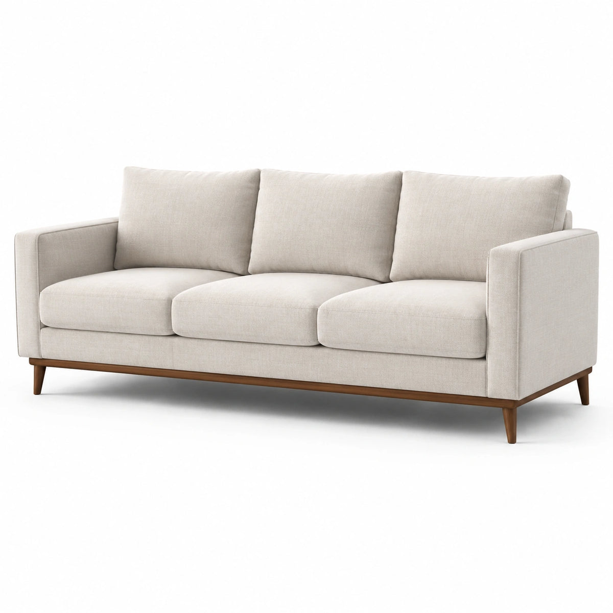 Divano a tre posti in tessuto con struttura in legno massello beige