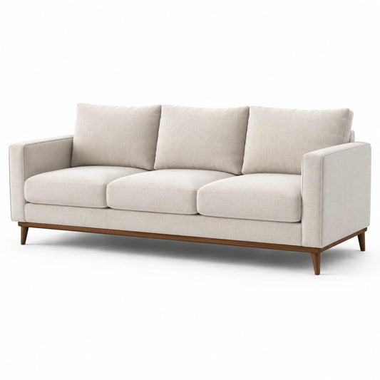 Divano a tre posti in tessuto con struttura in legno massello beige