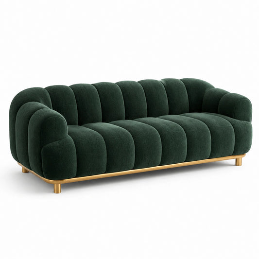 Divano in velluto verde scuro con base in metallo