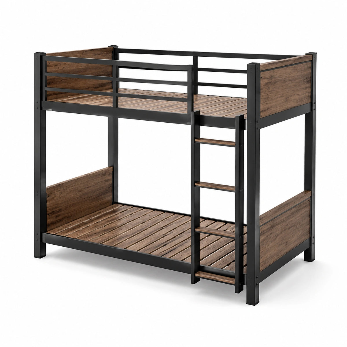 Letto a castello in metallo nero e legno marrone
