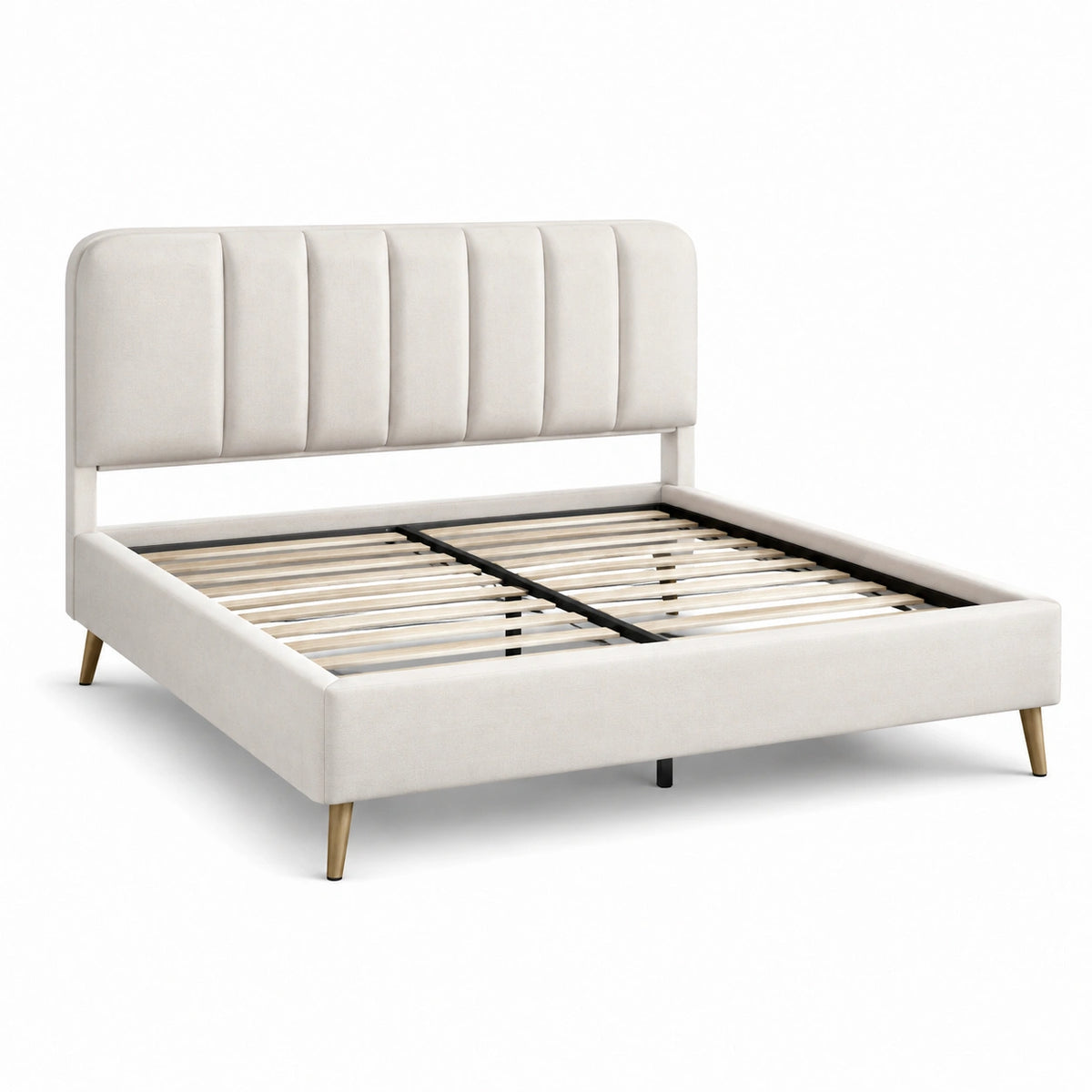 Letto matrimoniale in velluto beige con testiera imbottita 160x200 cm