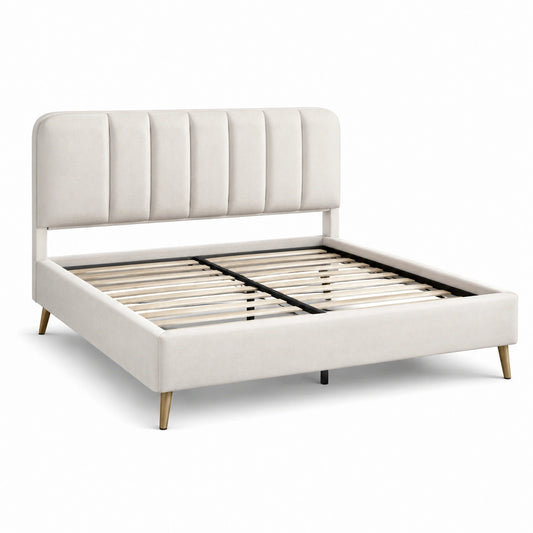Letto matrimoniale in velluto beige con testiera imbottita 160x200 cm