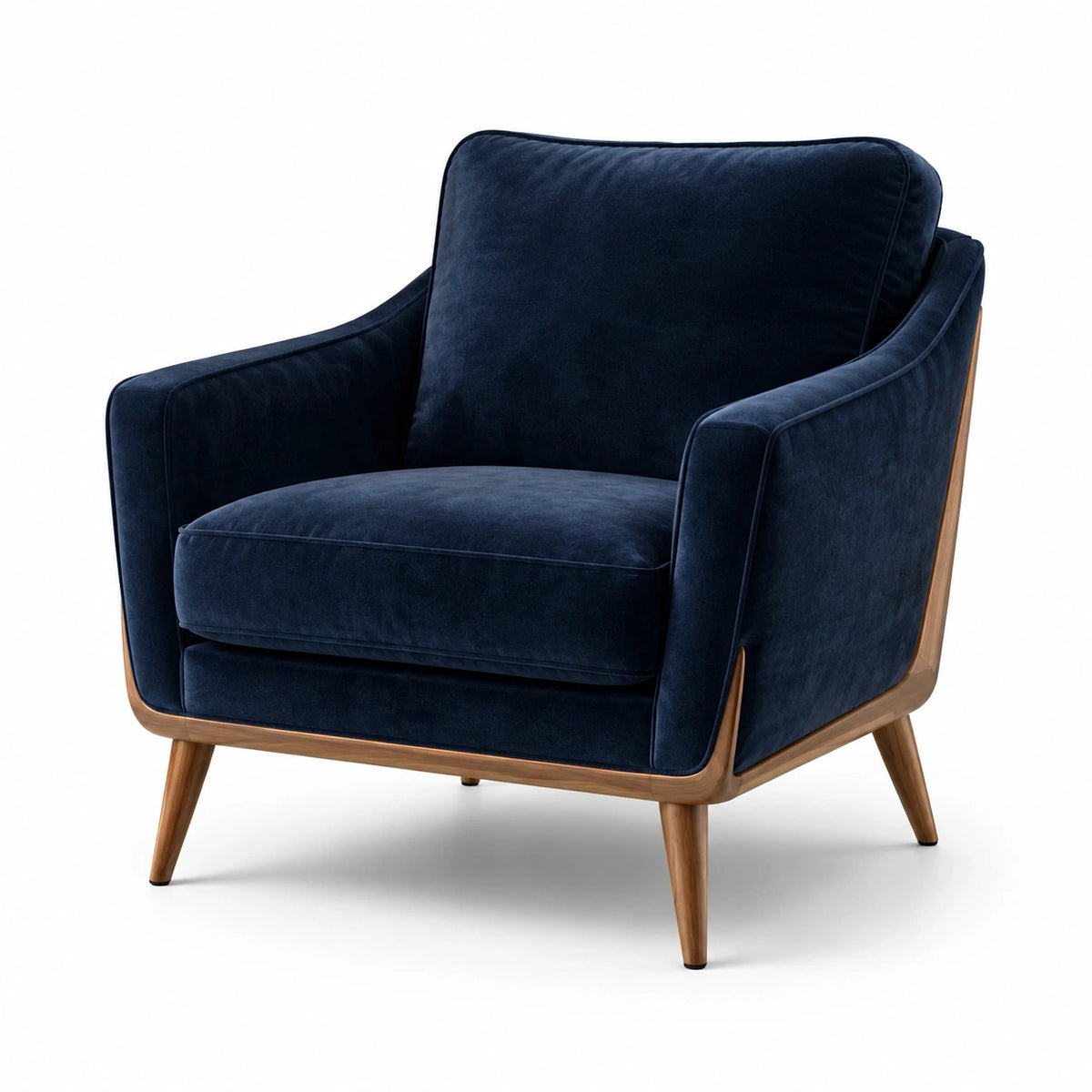 Poltrona in velluto blu con struttura in legno