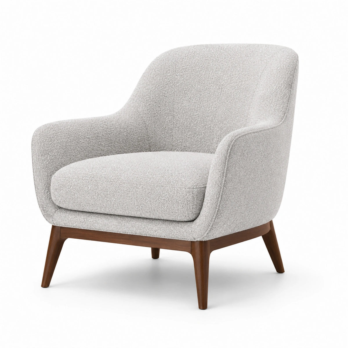 Poltrona in bouclé grigio con gambe in legno