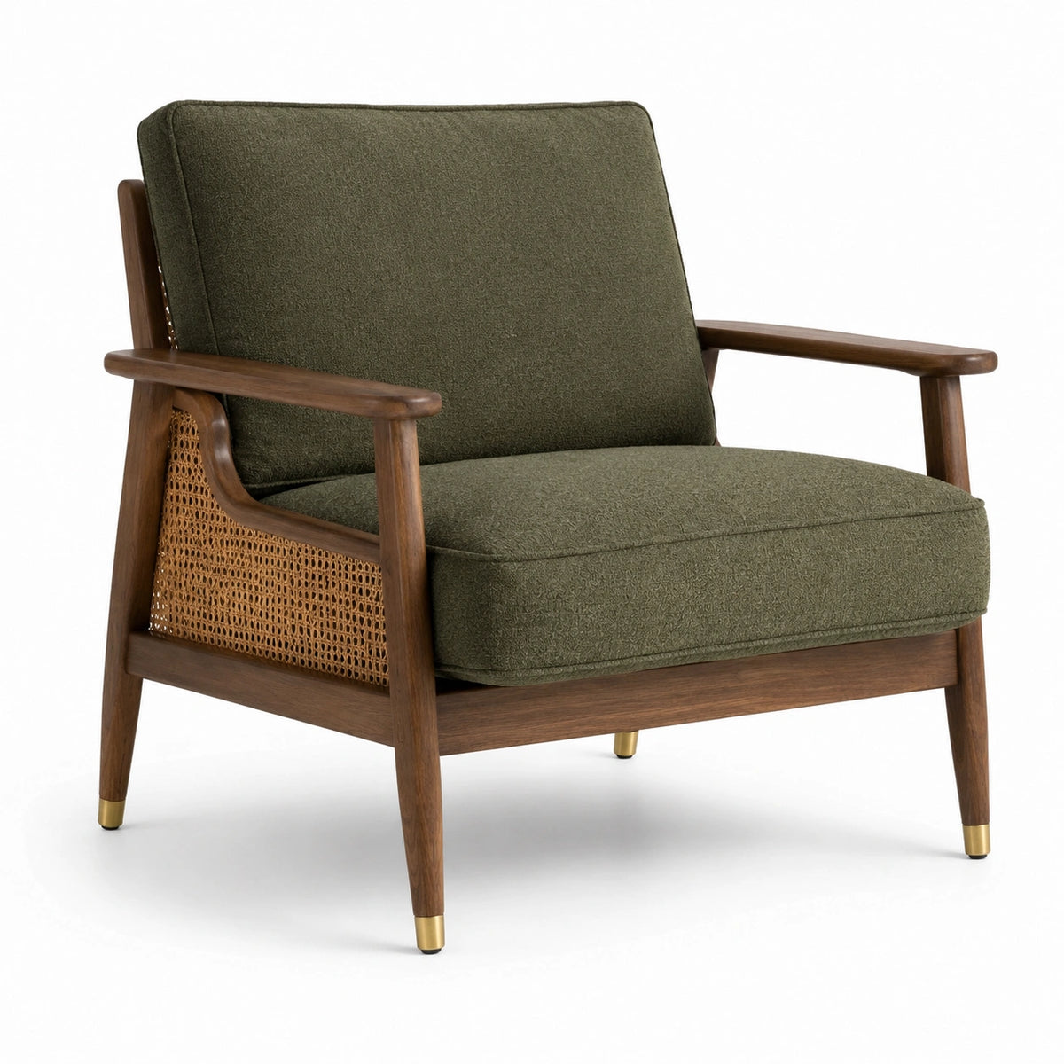 Poltrona in Legno con Rivestimento in Tessuto Verde e Inserti in Rattan