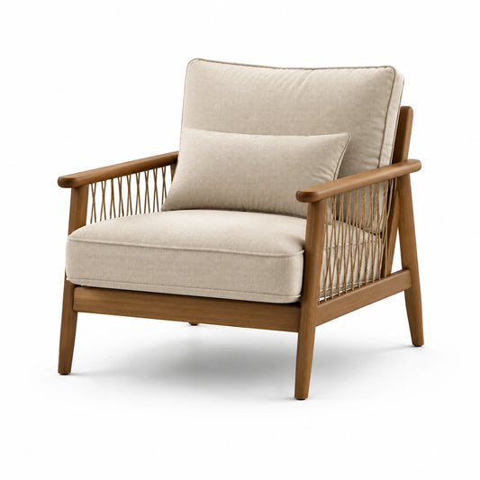 Poltrona in Legno di Faggio e Tessuto in Poliestere Beige
