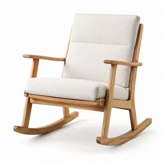Sedia a Dondolo in Legno con Rivestimento in Lino Beige