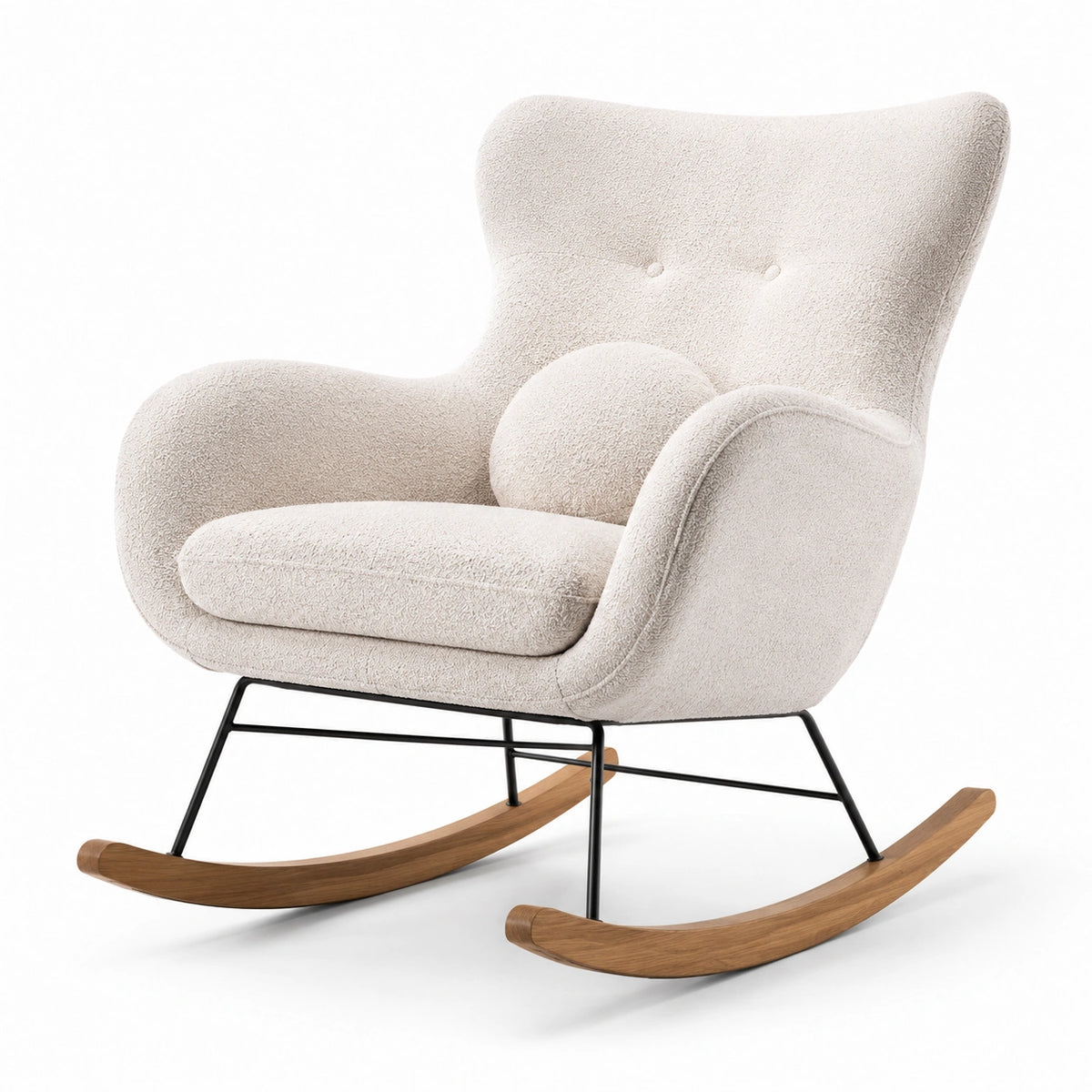 Sedia a Dondolo in Tessuto Bouclé Beige con Gambe in Metallo e Base in Legno Curvato