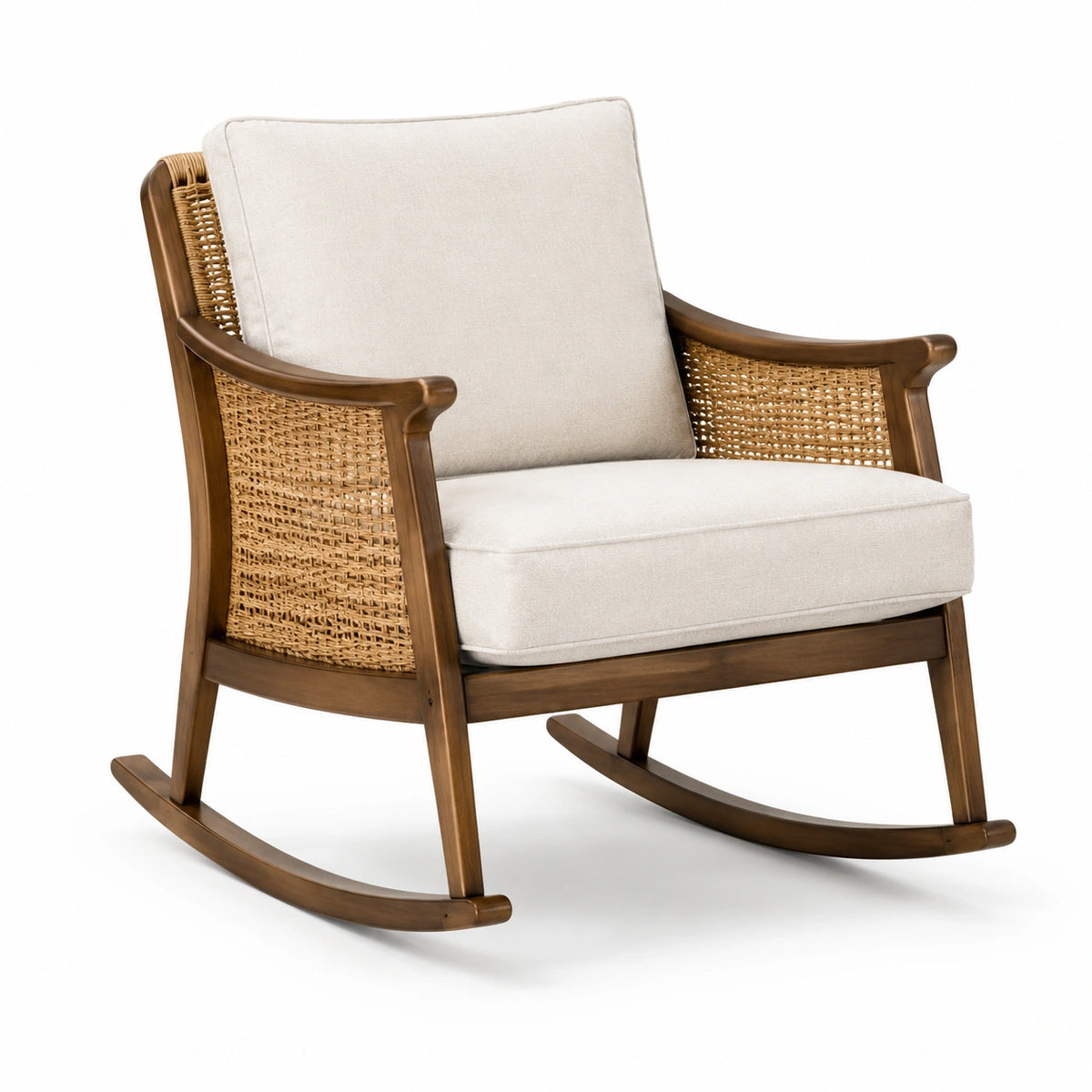 Sedia a Dondolo in Legno e Rattan con Cuscini Beige