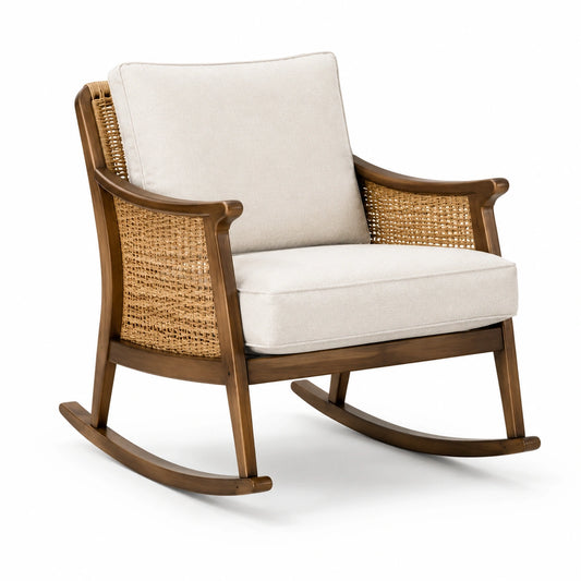 Sedia a Dondolo in Legno e Rattan con Cuscini Beige