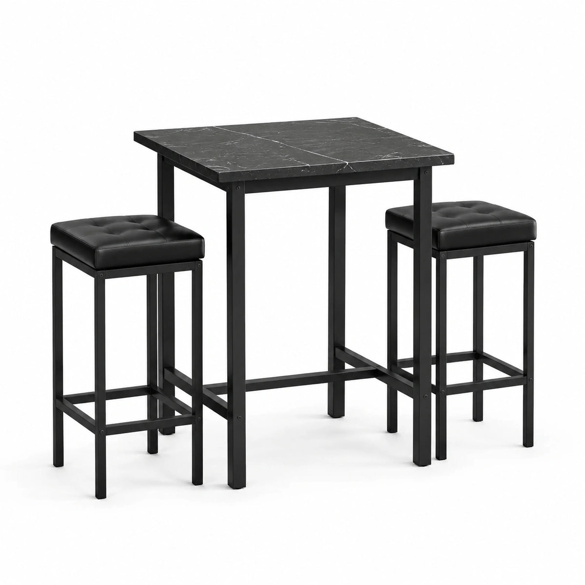 Set da bar tavolo e sgabelli in metallo nero con piano effetto marmo