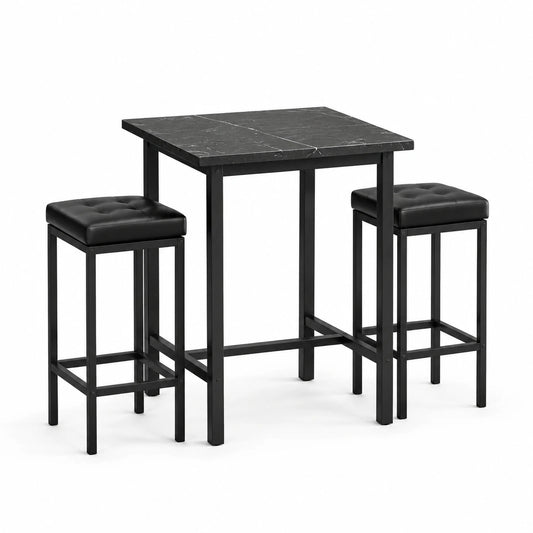 Set da bar tavolo e sgabelli in metallo nero con piano effetto marmo