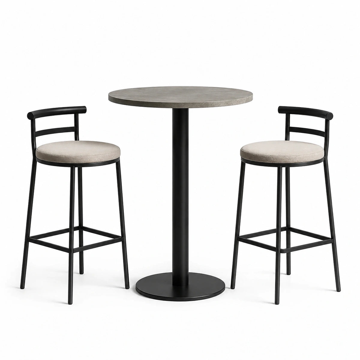 Set da bar in metallo nero con tavolo rotondo e sedie cuscinate