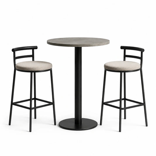 Set da bar in metallo nero con tavolo rotondo e sedie cuscinate
